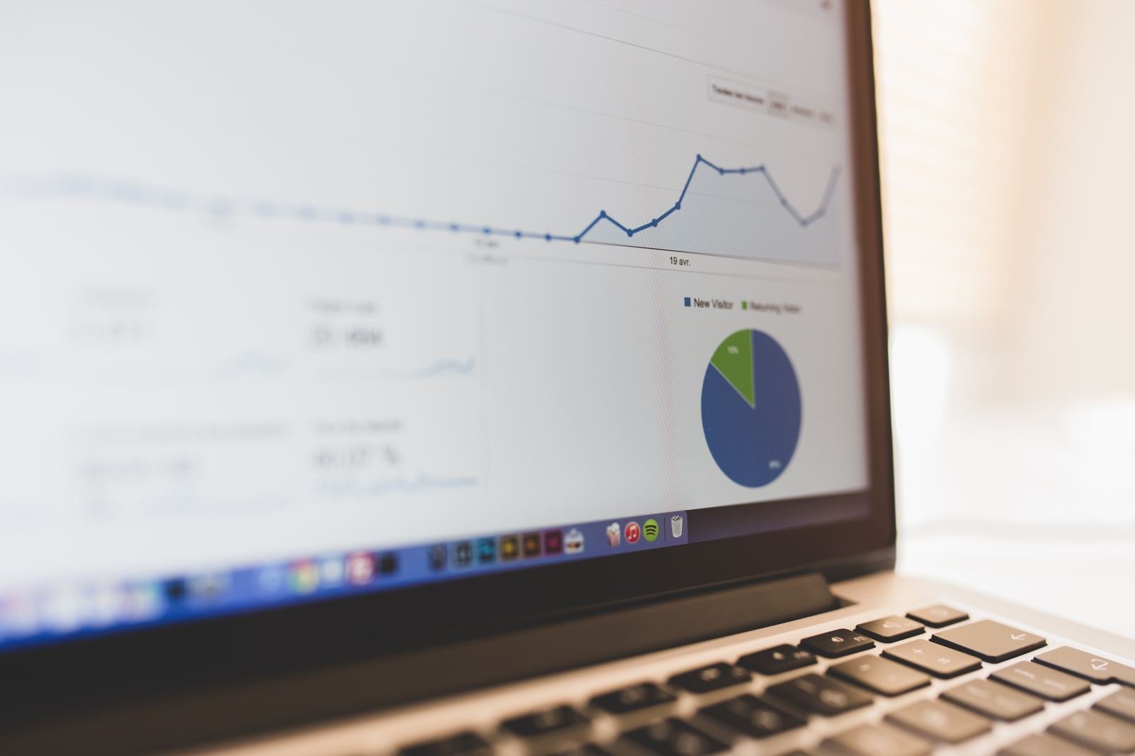 Laptop screen showing website analytics and revenue charts